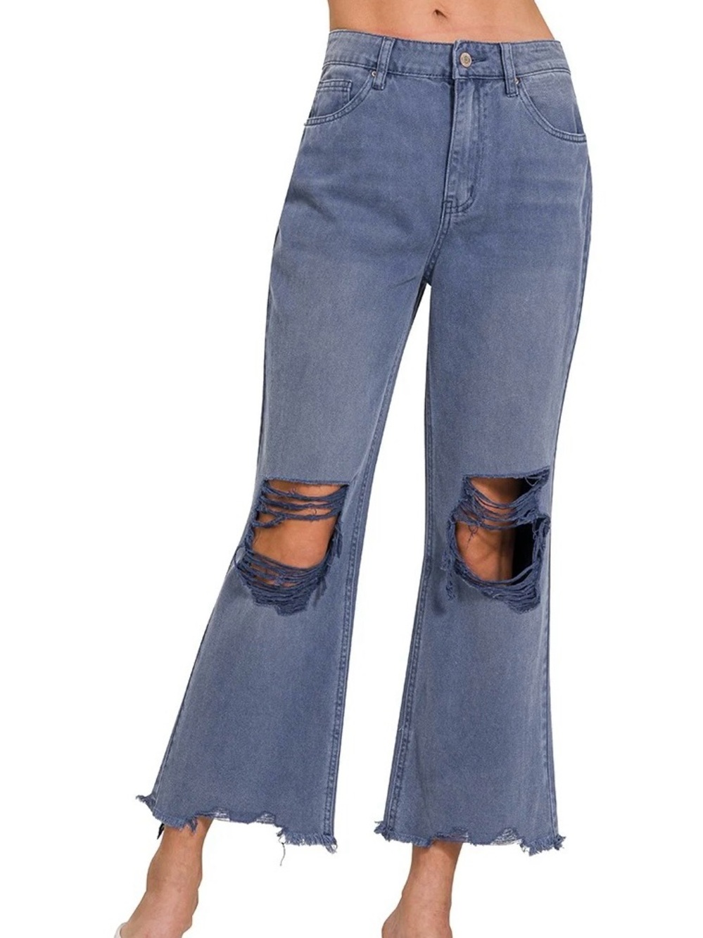Zenana Outfitters Blue Distressed Cropped Wide-Leg Flare Boho Jeans NWT 27